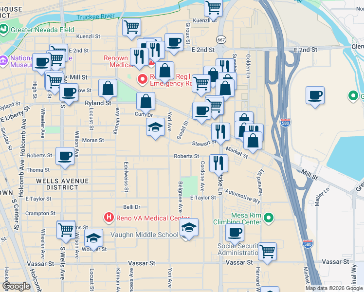 map of restaurants, bars, coffee shops, grocery stores, and more near 1295 Roberts Street in Reno