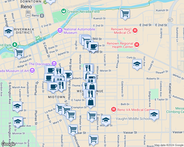 map of restaurants, bars, coffee shops, grocery stores, and more near 451 Roberts Street in Reno