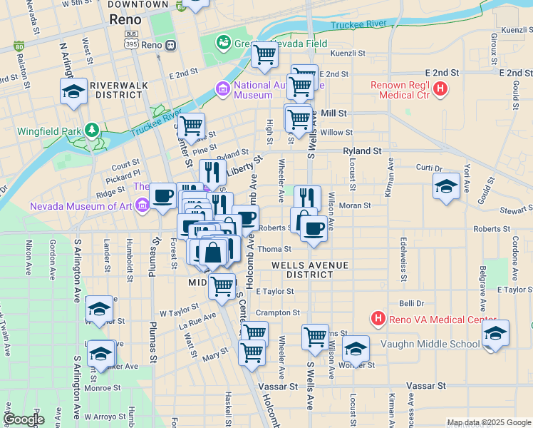 map of restaurants, bars, coffee shops, grocery stores, and more near 520 Holcomb Avenue in Reno