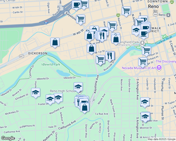 map of restaurants, bars, coffee shops, grocery stores, and more near 1075 Riverside Drive in Reno