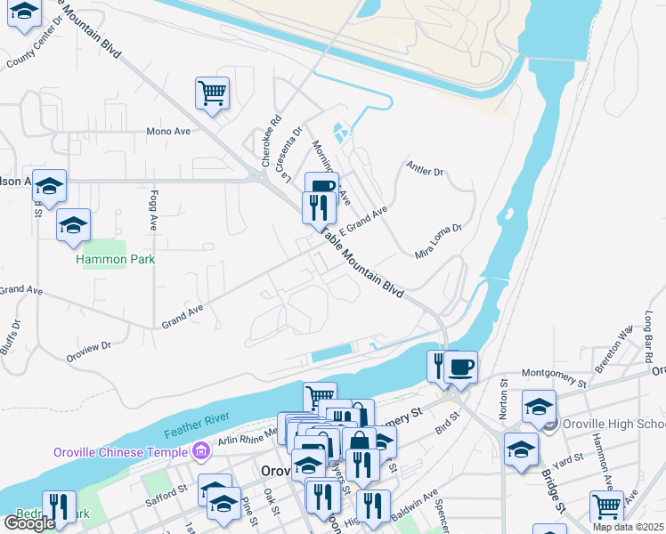 map of restaurants, bars, coffee shops, grocery stores, and more near Rio Vista Dr in Oroville