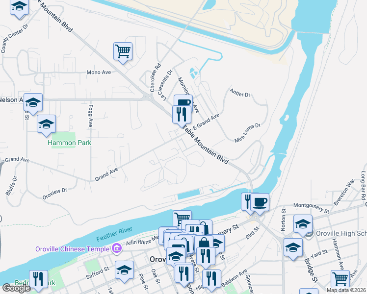 map of restaurants, bars, coffee shops, grocery stores, and more near 95 Tuscany Drive in Oroville