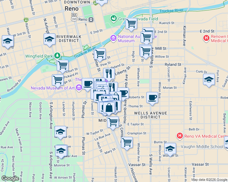 map of restaurants, bars, coffee shops, grocery stores, and more near 521 Sinclair Street in Reno
