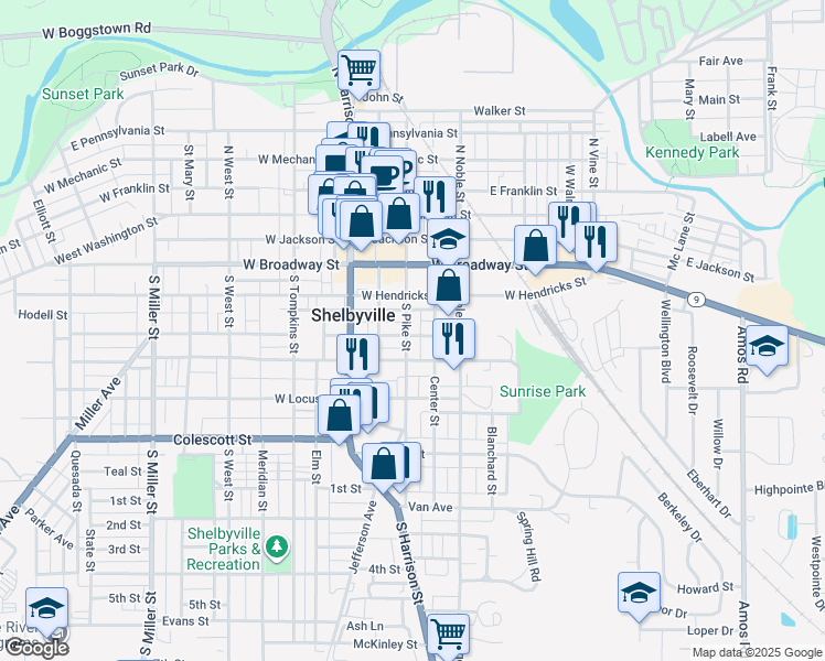 map of restaurants, bars, coffee shops, grocery stores, and more near 508 508 1/2 S Pike Street in Shelbyville