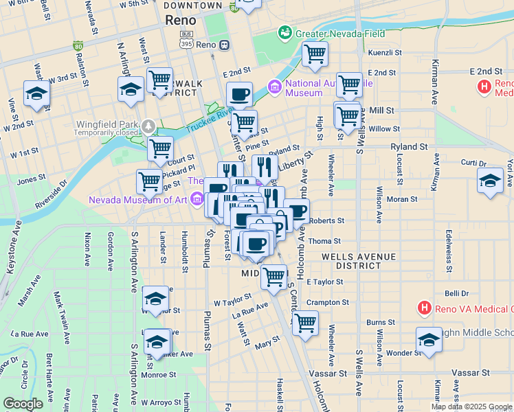 map of restaurants, bars, coffee shops, grocery stores, and more near 36 Stewart Street in Reno