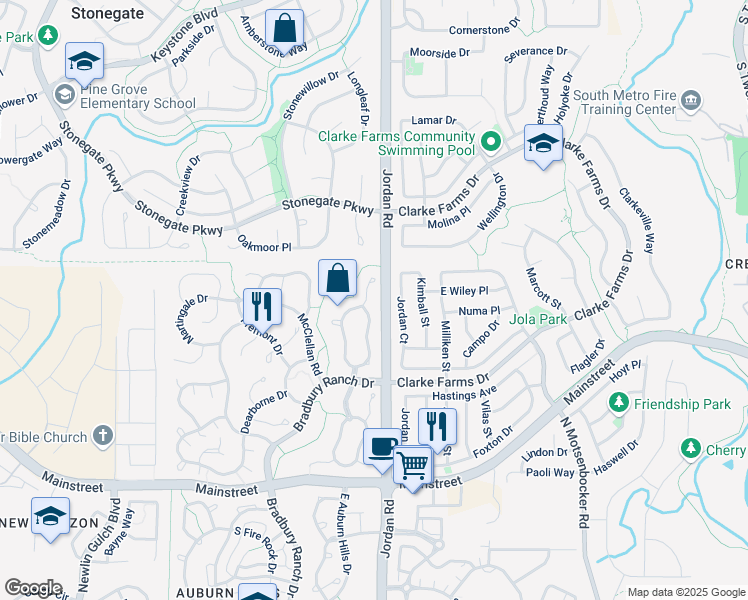 map of restaurants, bars, coffee shops, grocery stores, and more near 10843 Willow Reed Circle West in Parker