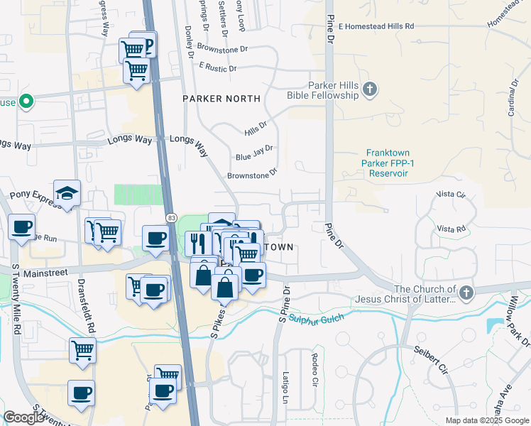 map of restaurants, bars, coffee shops, grocery stores, and more near 19716 Crestwood Court in Parker