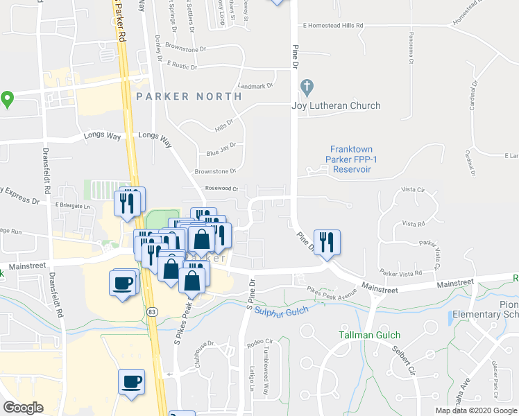 map of restaurants, bars, coffee shops, grocery stores, and more near 19836 Summerset Lane in Parker