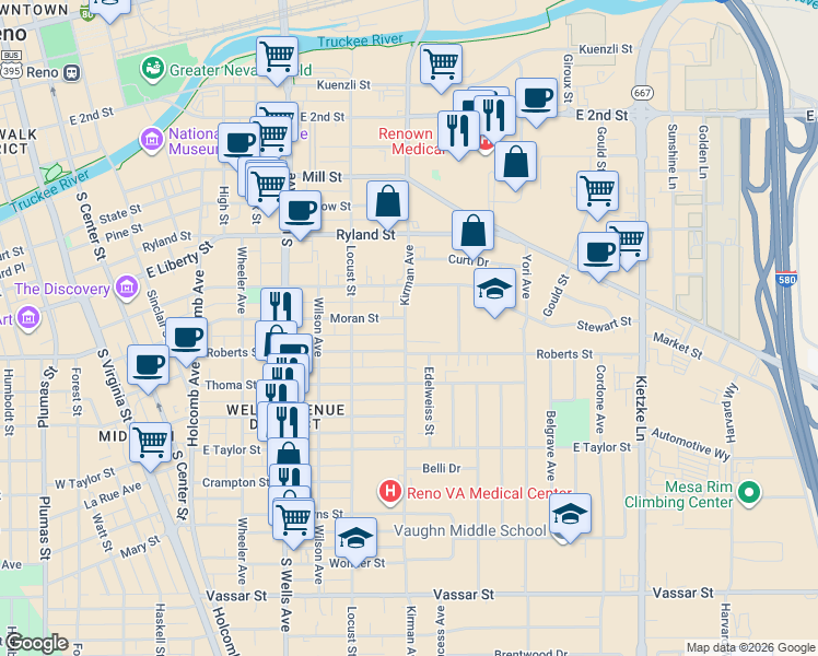 map of restaurants, bars, coffee shops, grocery stores, and more near 751 Roberts Street in Reno