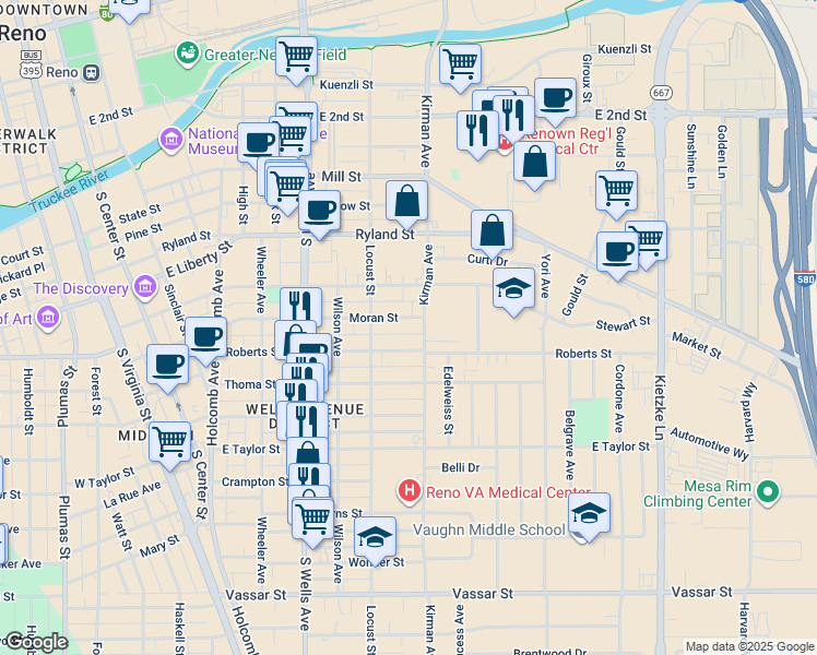 map of restaurants, bars, coffee shops, grocery stores, and more near 751 Roberts Street in Reno
