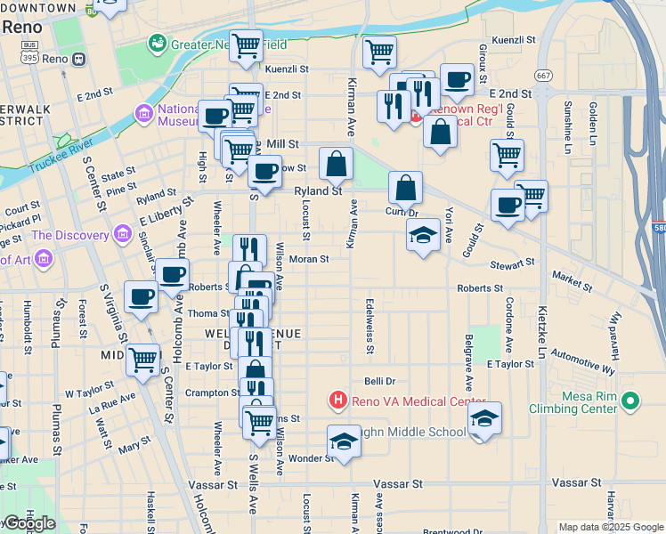 map of restaurants, bars, coffee shops, grocery stores, and more near 751 Roberts Street in Reno