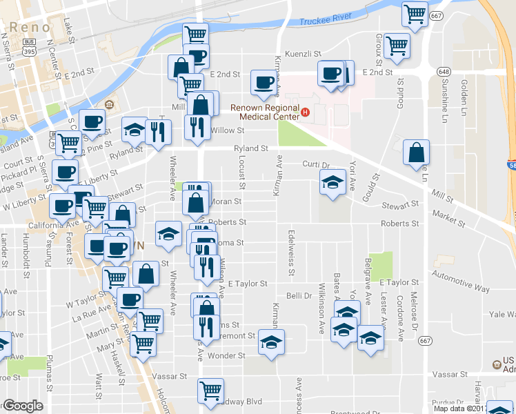 map of restaurants, bars, coffee shops, grocery stores, and more near 751 Roberts Street in Reno