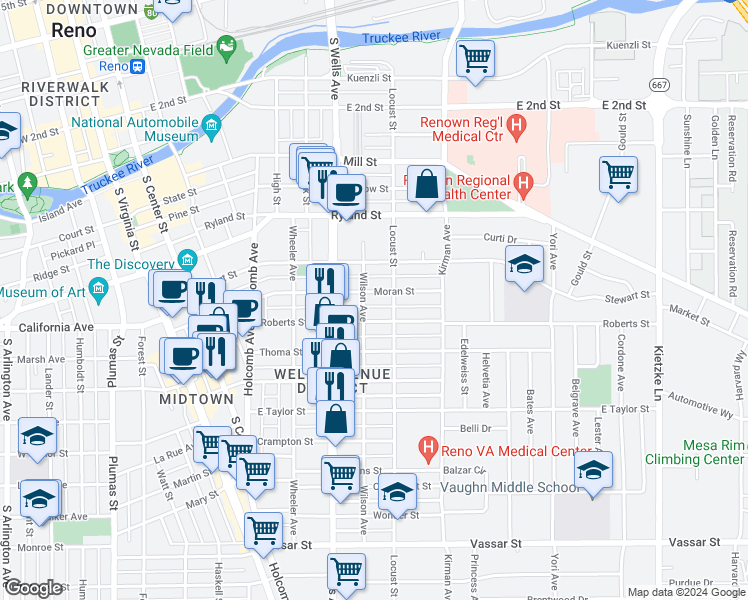 map of restaurants, bars, coffee shops, grocery stores, and more near 530 Moran Street in Reno