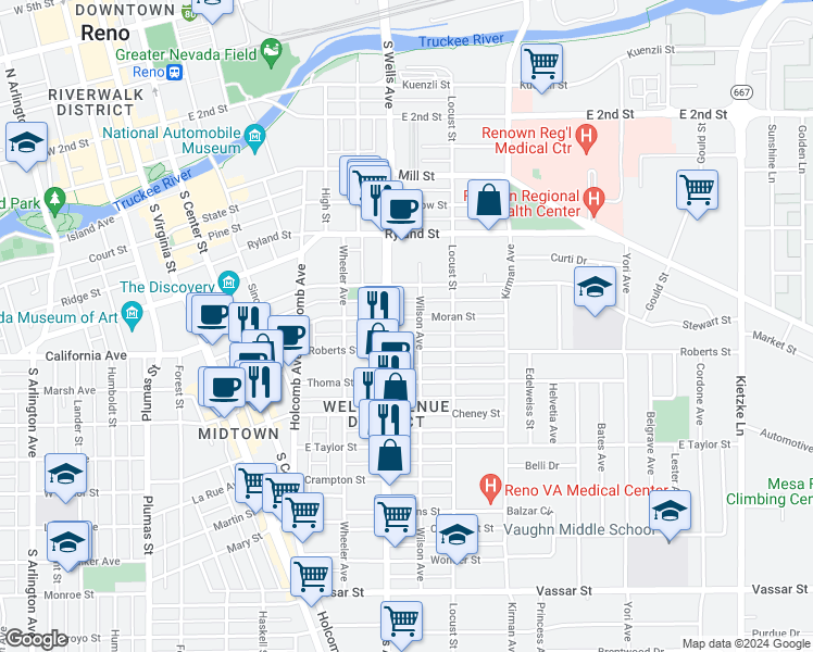 map of restaurants, bars, coffee shops, grocery stores, and more near 530 Moran Street in Reno