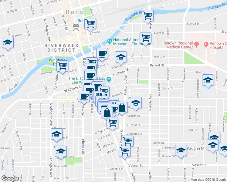 map of restaurants, bars, coffee shops, grocery stores, and more near 181 Moran Street in Reno
