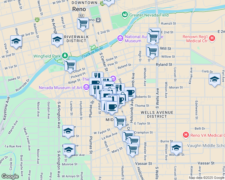 map of restaurants, bars, coffee shops, grocery stores, and more near 599 South Center Street in Reno
