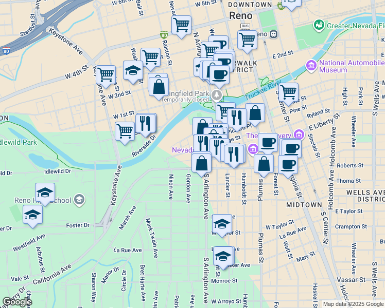 map of restaurants, bars, coffee shops, grocery stores, and more near in Reno