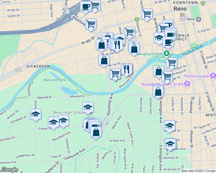 map of restaurants, bars, coffee shops, grocery stores, and more near 1009 Riverside Drive in Reno