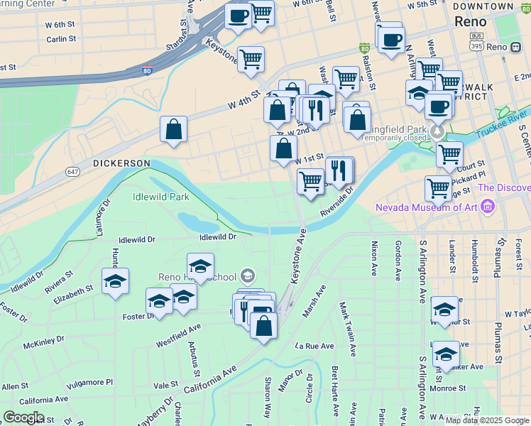 map of restaurants, bars, coffee shops, grocery stores, and more near 1075 Riverside Drive in Reno