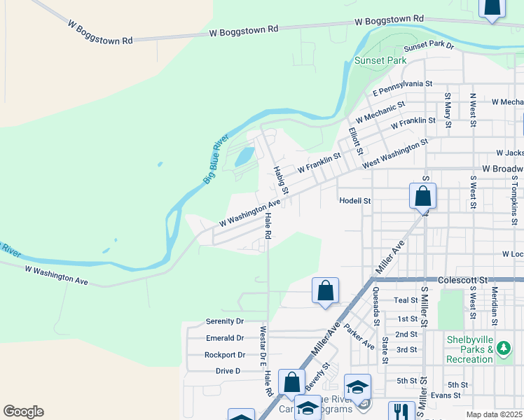 map of restaurants, bars, coffee shops, grocery stores, and more near 104 Hale Road in Shelbyville