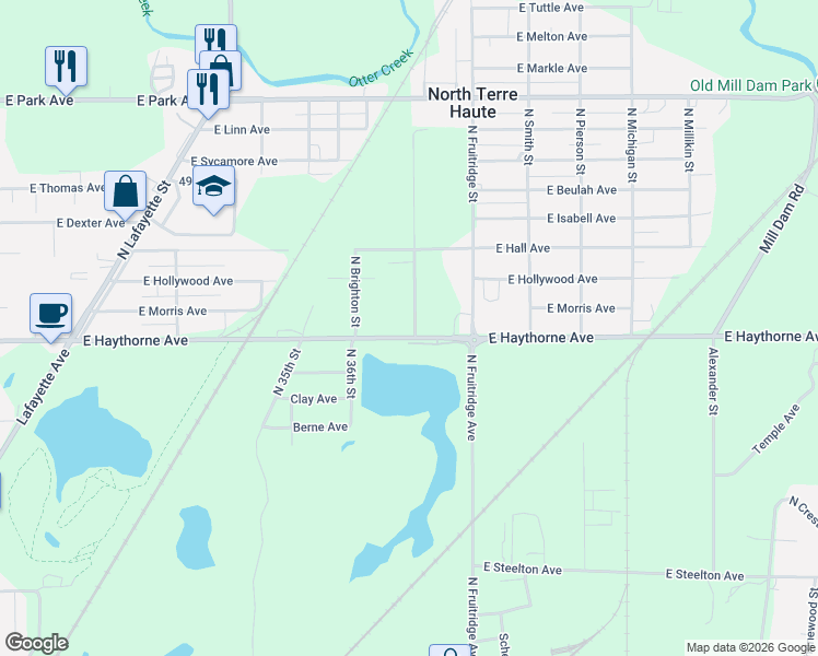 map of restaurants, bars, coffee shops, grocery stores, and more near 3401-3549 East Haythorne Avenue in Terre Haute
