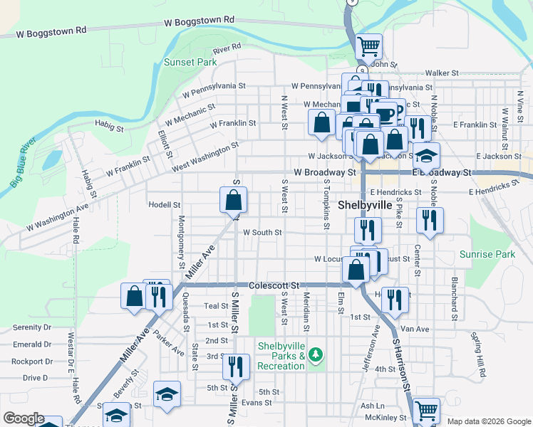 map of restaurants, bars, coffee shops, grocery stores, and more near 415 West Taylor Street in Shelbyville