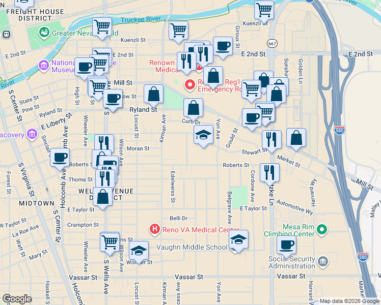 map of restaurants, bars, coffee shops, grocery stores, and more near 570 Ballentyne Way in Reno