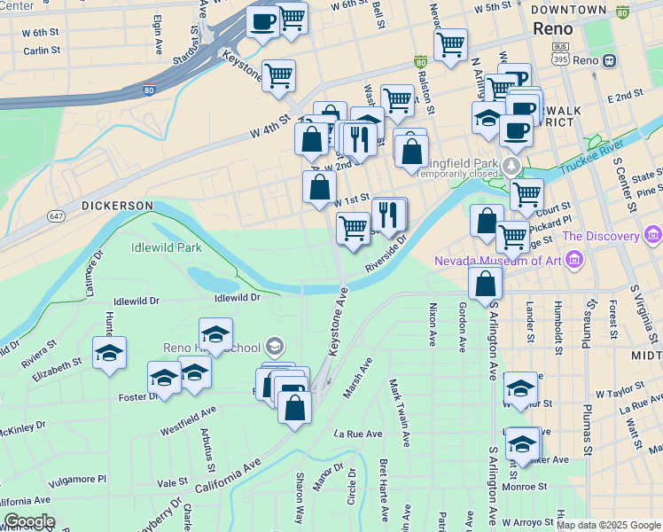 map of restaurants, bars, coffee shops, grocery stores, and more near 1009 Riverside Drive in Reno