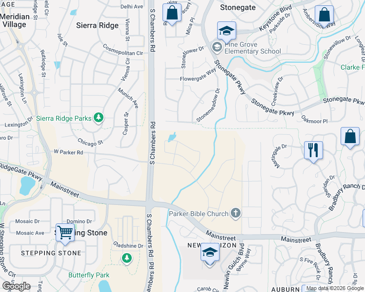 map of restaurants, bars, coffee shops, grocery stores, and more near 10809 Tomboy Drive in Parker