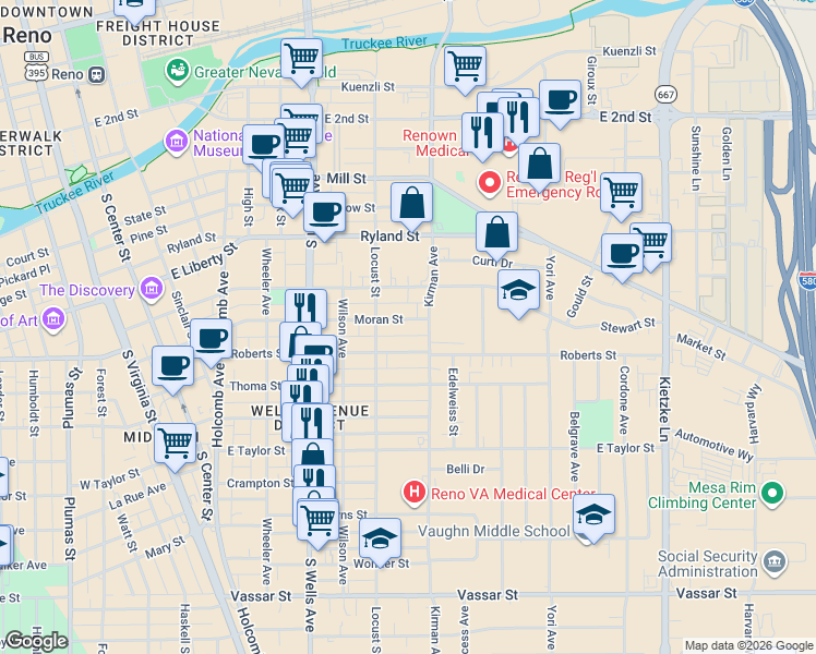map of restaurants, bars, coffee shops, grocery stores, and more near 751 Roberts Street in Reno
