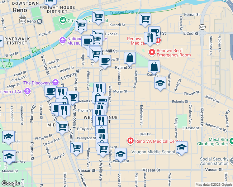 map of restaurants, bars, coffee shops, grocery stores, and more near 705 Roberts Street in Reno