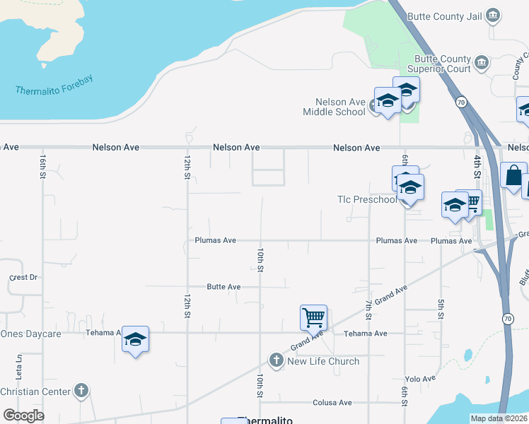 map of restaurants, bars, coffee shops, grocery stores, and more near 2048 10th Street in Oroville