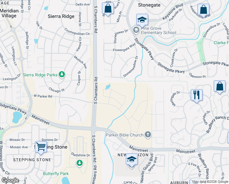 map of restaurants, bars, coffee shops, grocery stores, and more near 10809 Tomboy Drive in Parker