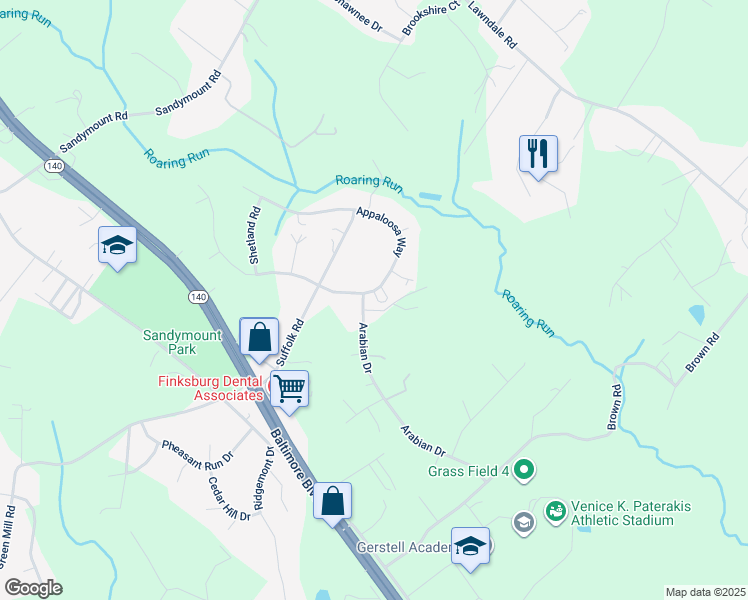 map of restaurants, bars, coffee shops, grocery stores, and more near 2516 Appaloosa Way in Finksburg