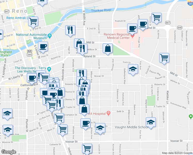 map of restaurants, bars, coffee shops, grocery stores, and more near 705 Roberts Street in Reno