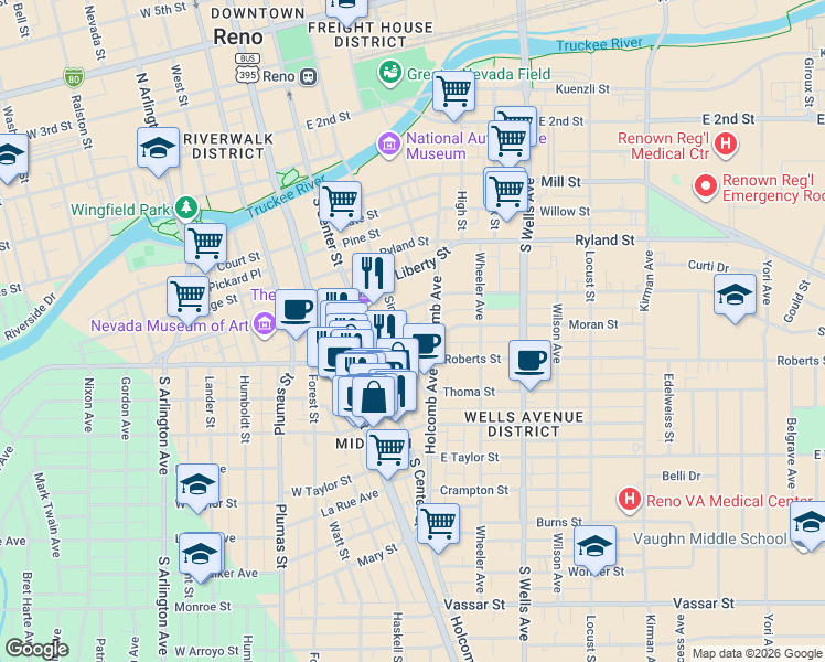map of restaurants, bars, coffee shops, grocery stores, and more near 181 Moran Street in Reno