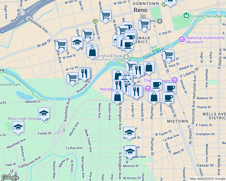 map of restaurants, bars, coffee shops, grocery stores, and more near in Reno