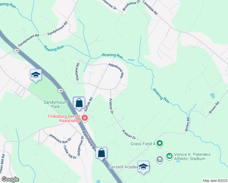 map of restaurants, bars, coffee shops, grocery stores, and more near 2516 Appaloosa Way in Finksburg