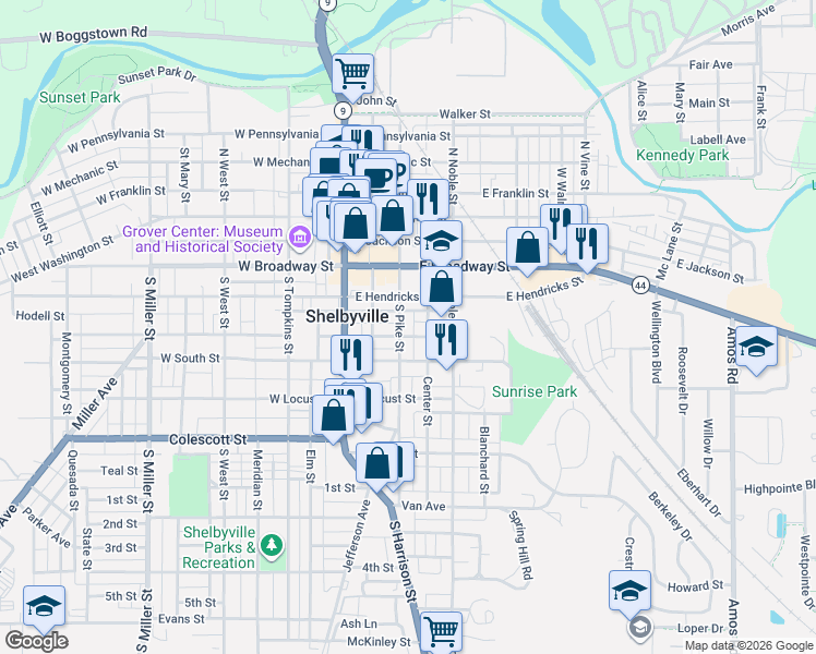 map of restaurants, bars, coffee shops, grocery stores, and more near 508 508 1/2 S Pike Street in Shelbyville