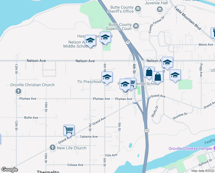 map of restaurants, bars, coffee shops, grocery stores, and more near 2060 - 2080 6th Street in Oroville