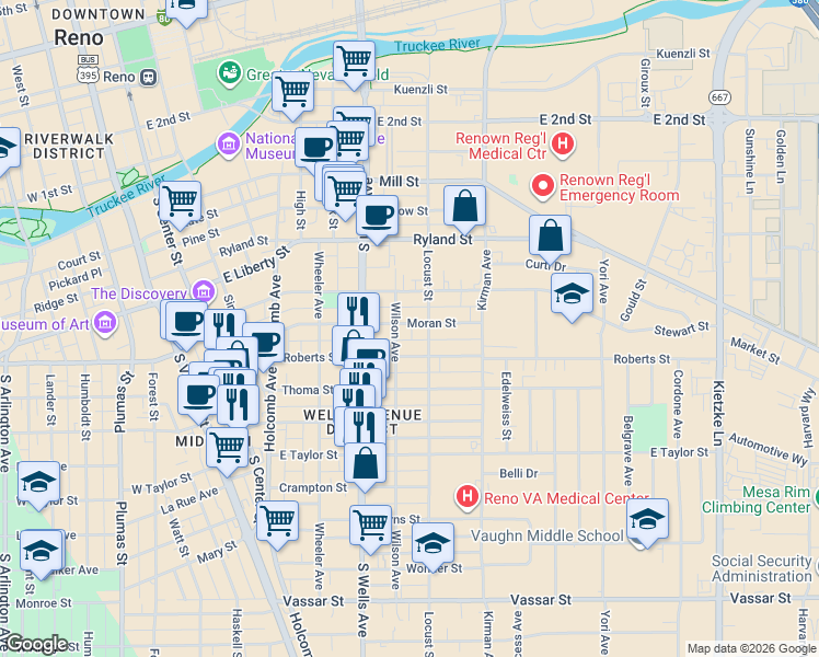 map of restaurants, bars, coffee shops, grocery stores, and more near 530 Moran Street in Reno