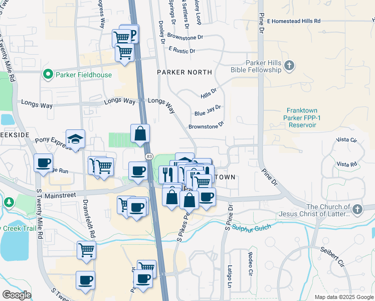 map of restaurants, bars, coffee shops, grocery stores, and more near 10751 Longs Way in Parker