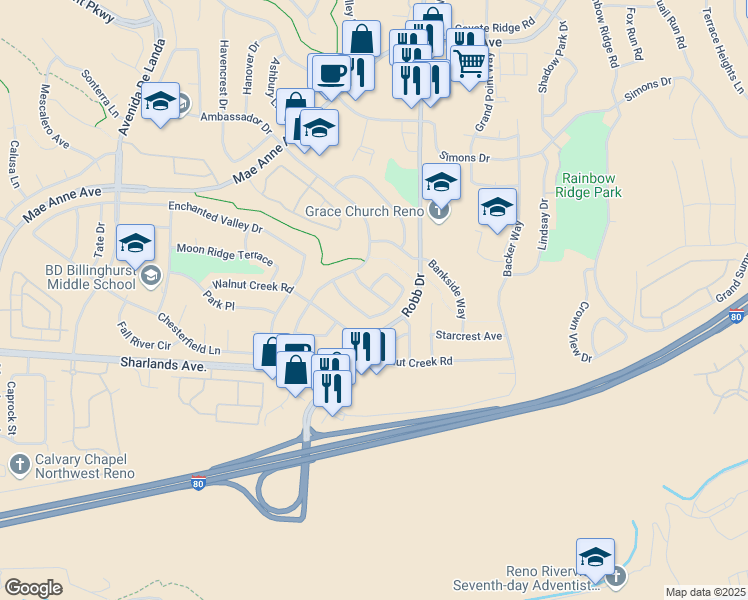 map of restaurants, bars, coffee shops, grocery stores, and more near 6060 Diplomat Drive in Reno