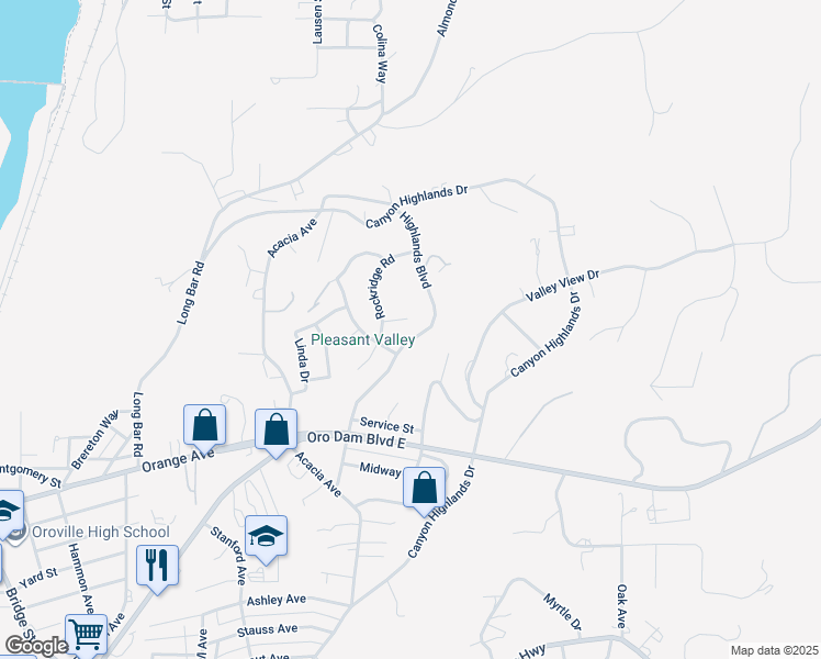 map of restaurants, bars, coffee shops, grocery stores, and more near 8 Wildwood Court in Oroville