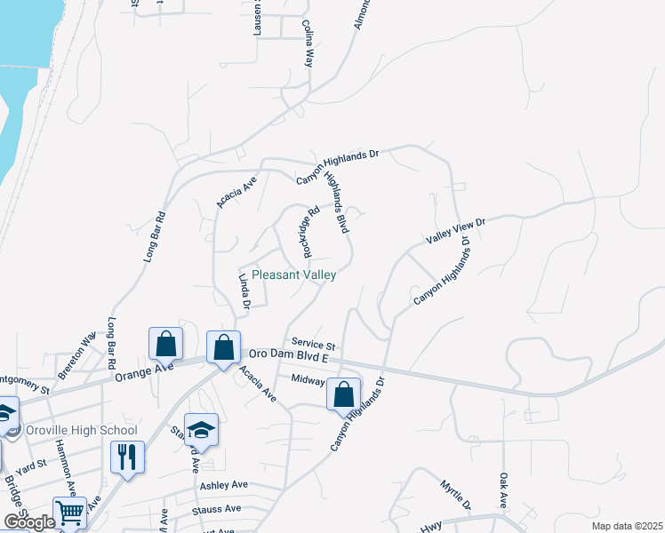 map of restaurants, bars, coffee shops, grocery stores, and more near 8 Wildwood Court in Oroville