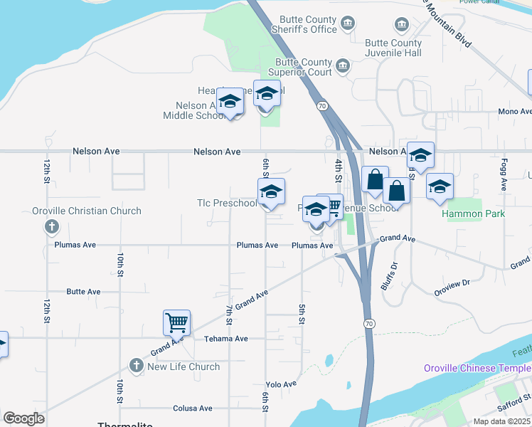 map of restaurants, bars, coffee shops, grocery stores, and more near 2060 - 2080 6th Street in Oroville