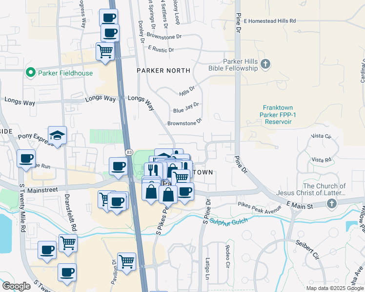 map of restaurants, bars, coffee shops, grocery stores, and more near 19622 Applewood Court in Parker