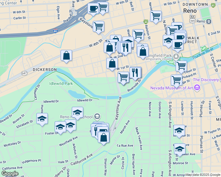 map of restaurants, bars, coffee shops, grocery stores, and more near 1075 Riverside Drive in Reno