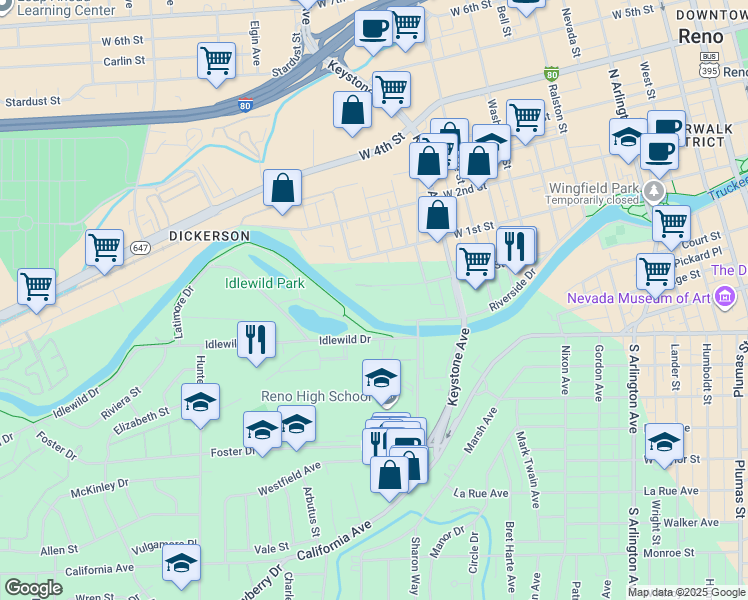 map of restaurants, bars, coffee shops, grocery stores, and more near 1300 Jones Street in Reno