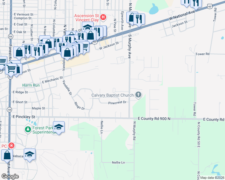 map of restaurants, bars, coffee shops, grocery stores, and more near 1310 Willow Drive in Brazil